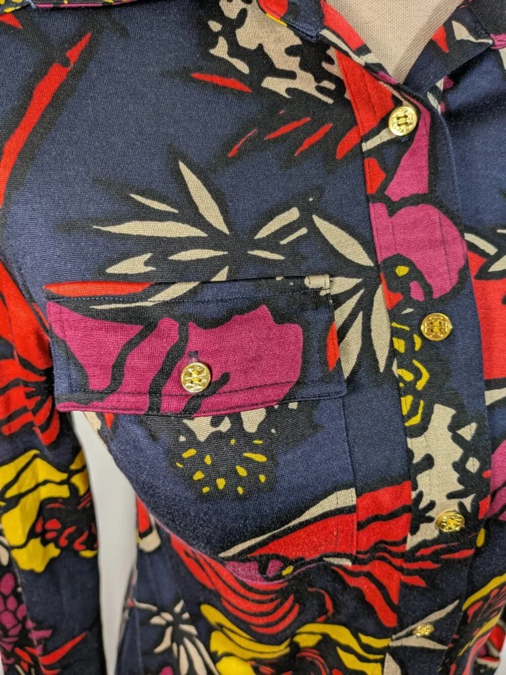 Tory Burch Floral Shirt Top Button Collared Silk Stretch Long Sleeve Womens XS